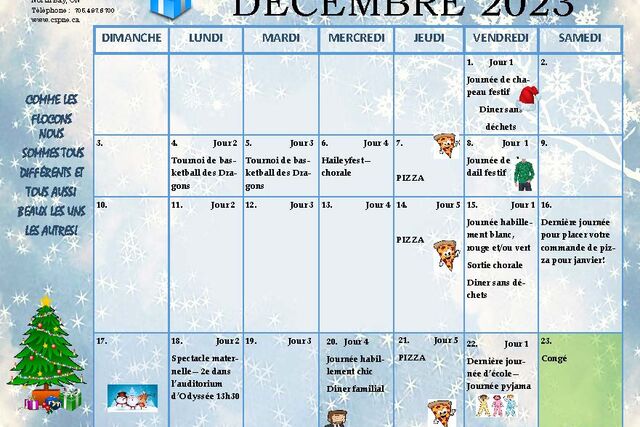 Calendrier qui présente les activités de décembre